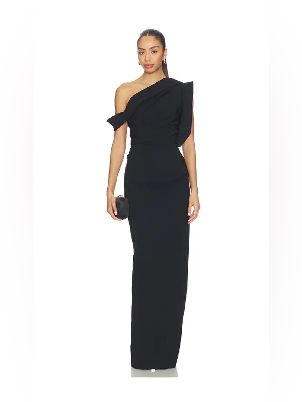 Rachel Gilbert Rowana Black One-Shoulder Draped Column Gown